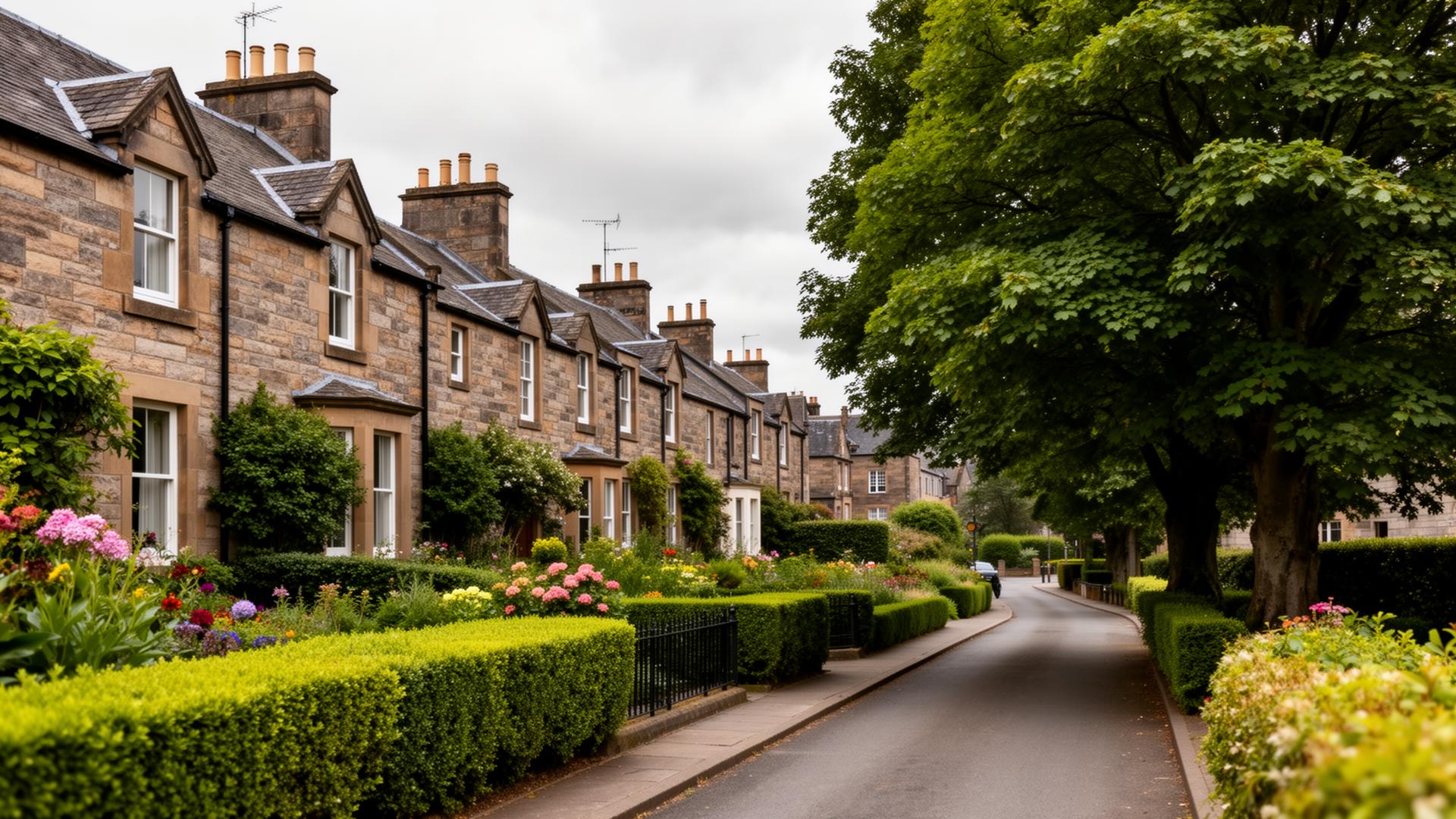 Tree-lined residential street in Bearsden with manicured gardens and stone houses